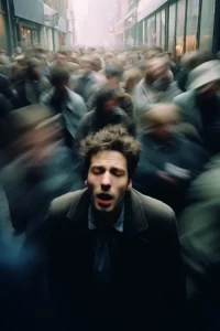 An entrepreneur in Malaysia in grey business attire stuck in the middle of a rushing crowd to symbolize regression of business.