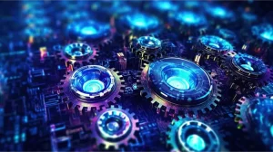 series of purple and blue gears on a circuit board symbolizing technological change.