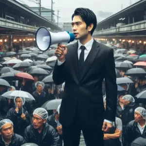A Japanese man wearing a black business suit speaking into a megaphone at a crowded Japanese fish market in the rain.