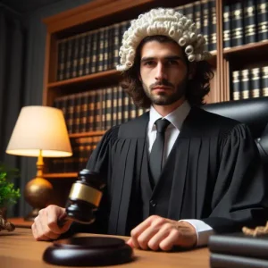 A business man wearing a judge's uniform over a business suit, judge's white wig and a gavel sitting behind a wooden table.