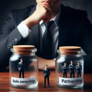 The owner of an sme company in malaysia wearing black business suit choosing between sole ownership or partnership as the business structure represented as jars with miniature businessmen inside them.