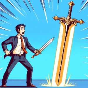 A businessman wielding a small sword looking surprised at a giant longsword representing career growth via upskilling and reskilling.