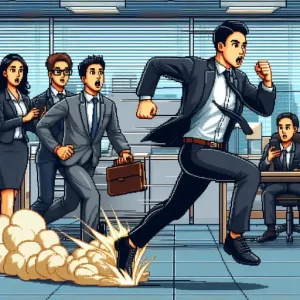 A businessman running at super speed in the office leaving a dust cloud trail representing gaining a competitive edge via upskilling and reskilling.