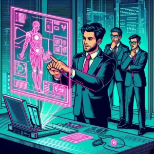 A businessman using a future holographic computer to impress his co-workers to illustrate futureproofing skills via upskilling and reskilling.