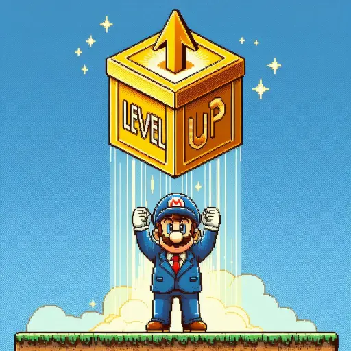 Mario wearing a business suit standing underneath a golden box labelled 'level up' to signify upskilling and reskilling.