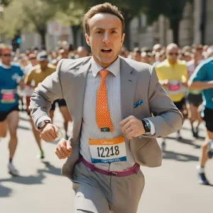 A business coach in Malaysia running a marathon event in a business suit.