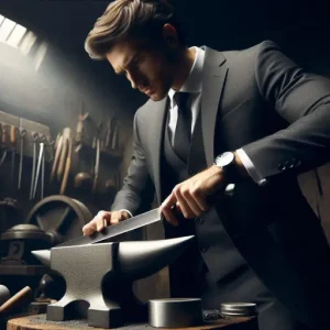 A man in a gray business suit sharpening his skills in a form of a blade in a blacksmith shop.