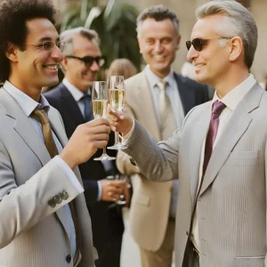 A business coach in malaysia at a networking event toasting champagne with other businessmen.