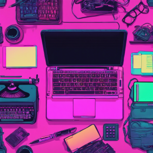 A collection of laptop, typewriter, pen and miscellaneous items on a Malaysian business consultant work desk.
