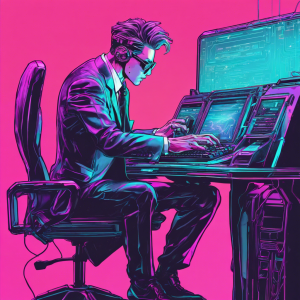 A business consultant in Malaysia working at his retro-futuristic computer in pink and purple neon lighting.