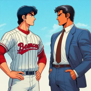 A man wearing a baseball uniform standing opposite a man in a business suit as personifications of coaching and mentoring.