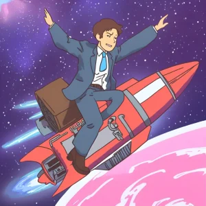 A businessman riding a red rocket like a horse in outer space next to a pink planet.