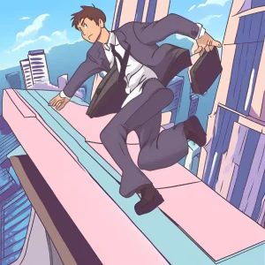 A businessman doing parkour on a futuristic rooftop as after a coaching and mentoring session.