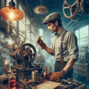 A man in a 1940s workshop repairing a business system machine in a steampunk factory