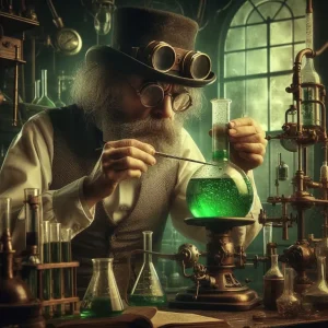 A scientist examining a beaker in his steampunk lab to illustrate measuring performance in a business system.
