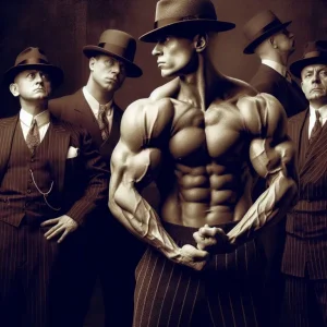 A shirtless muscular man flexing his muscles with his group of henchman in the probation era
