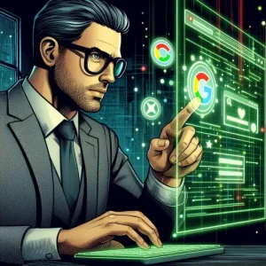 An sme owner using a futuristic holographic computer with Google icons popping out from it in a dark room.