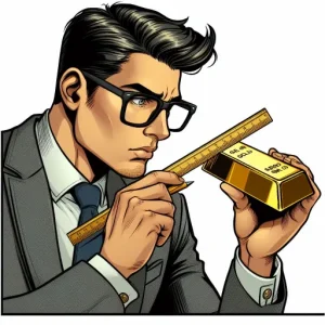 An sme owner wearing a grey business suit and squared glasses measuring a gold bar with a ruler.