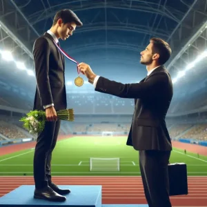 An owner of a sme company in malaysia in a black business suit rewarding his employee standing on top a podium with a gold medal in the a football field.