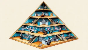 A cross section of a pyramid separated into 5 different sections each filled with an office to exemplify the 5 stages of leadership training.