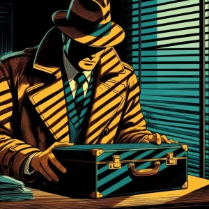A detective studying a briefcase in a dark room with Venetian blinds shadows symbolizing a case study of corporate advisory firms.