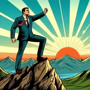 A businessman posing triumphantly on top of a hill with the sun setting in the distance to show the future via upskill.
