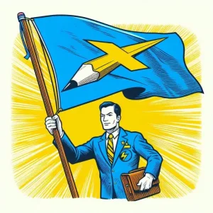 A businessman wearing a suit carrying a blue flag with a yellow pencil as the logo to show leadership skills via upskill.