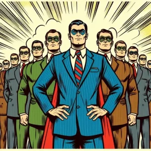 A group of men wearing superhero-themed business suit with capes and masks standing in a V formation.