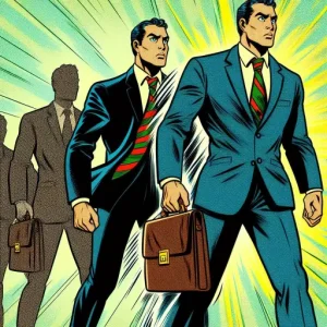 A man gradually morphing into a businessman to illustrate the effectiveness of upskill.