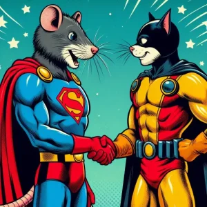 A rat superhero in a superman costume shaking hands with a cat superhero in a yellow and red costume.