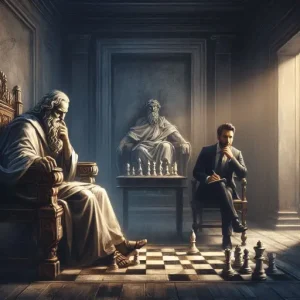 An ancient Roman ruler contemplating his next chess move with a business advisor sitting on the other side of the room.