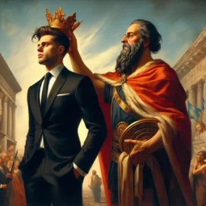 A businessman being crowned by a Roman ruler representing a successful relationship.
