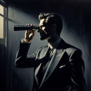 A business advisor looking out of a spyglass in a dimly lit room.