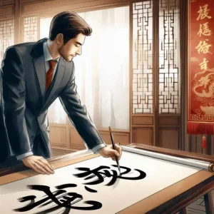 A businessman doing Chinese calligraphy on a scroll in an Eastern-style room to showcase tailored guidance from business coaching.