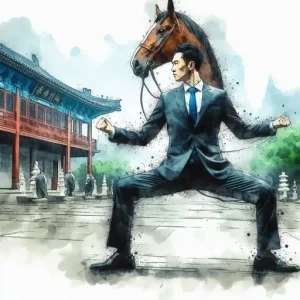 A businessman doing the Ma Bu horse stance in a temple courtyard to showcase strong foundation possible with business coaching.