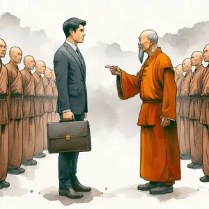 A Shaolin elder monk pointing at a businessman holding a briefcase to mean choosing the right type of business coaching.