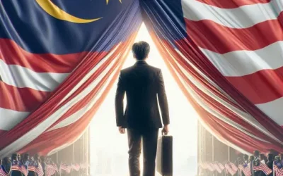 A CEO in Malaysia walking through a large door towards the light with a large Malaysia flag hanging overhead parts in the middle.