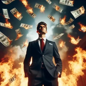 A CEO in Malaysia stands confidently as burning dollars rain from the sky.