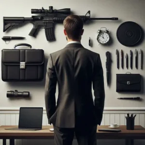 A CEO in Malaysia looking at his wall with a sniper rifle, briefcases, pens and alarm clock attached representing his skills and qualities.