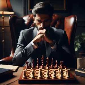 A CEO in Malaysia sitting in a tall leather chair looking intently at his chessboard pondering his next strategy.