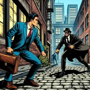 2 businessmen corner a street thug wearing a black mask in an alley to show effective collaboration taught by a corporate advisory.