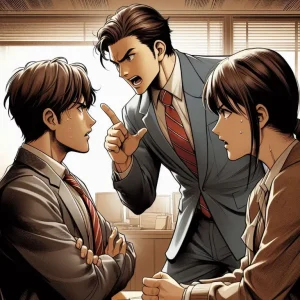 A leader who has been to leadership training stopping an argument between 2 employees.