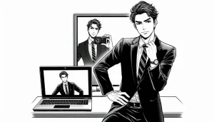 A leadership training guru posing confidently with a laptop and screen mirroring his pose.
