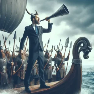 A market leader wearing a business suit shouting into a Viking war horn on the deck of a Viking ship to rally his Viking army.