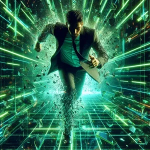 A market leader running through neon green cyberspace with shattered glass flying in all directions representing strong online presence.