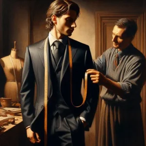 A tailor measuring a business advisor wearing a black suit with a measuring tape.