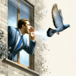 A businessman shouting out of a window with a messenger pigeon flying away from him to signify the strength of peer-to-peer coaching.
