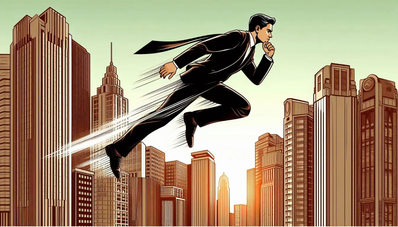 A man in a black business suit jumping heroically by a city backdrop as proof of the power of coaching training.