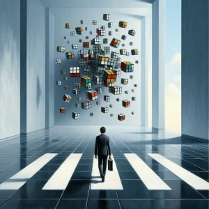 A man walking on a crosswalk in a bare white room with floating rubik's cube to symbolize application of behavioral theory of leadership.