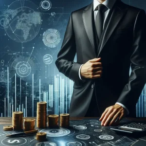 A businessman posing in front of a futuristic desk with gold coins stack on top of it signifying financial acumen of successful entrepreneurs in Malaysia.